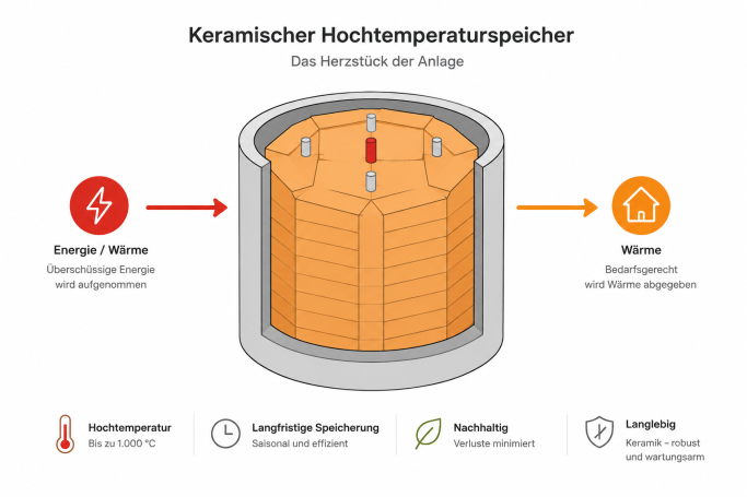 Schematische Darstellung eines keramischen Hochtemperaturspeichers zur langfristigen Speicherung thermischer Energie.